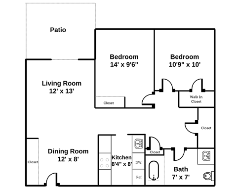 2 bedroom, one bathroom, large floor plan